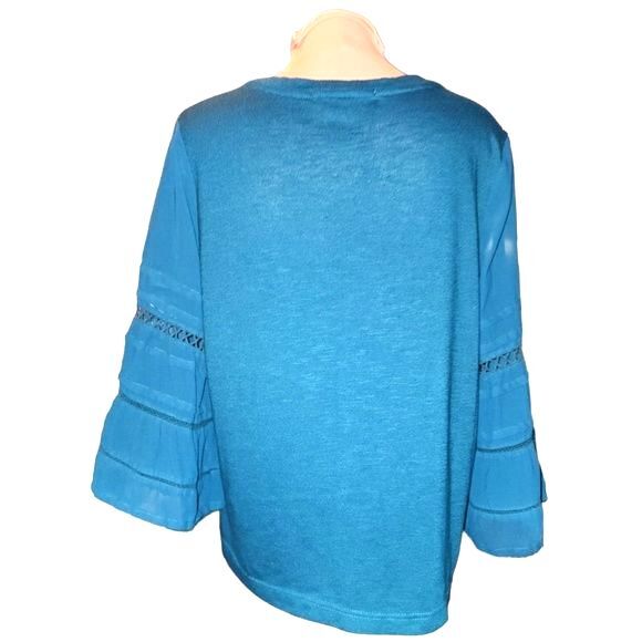 Fever Teal Green Stretch Bell Sleeve V-Neck Blouse Size L - Picture 4 of 8
